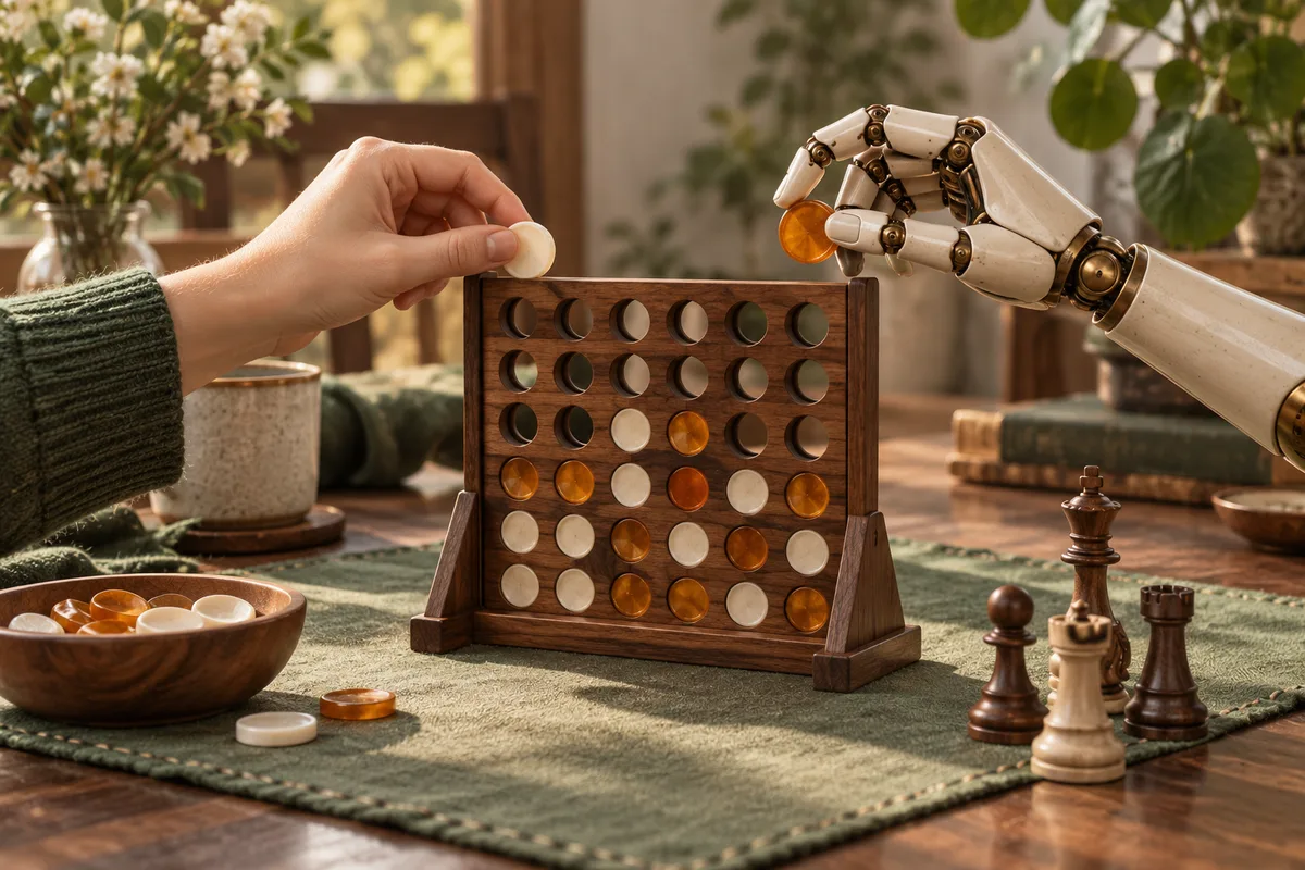 A human hand and a robot hand playing a wooden board game together
