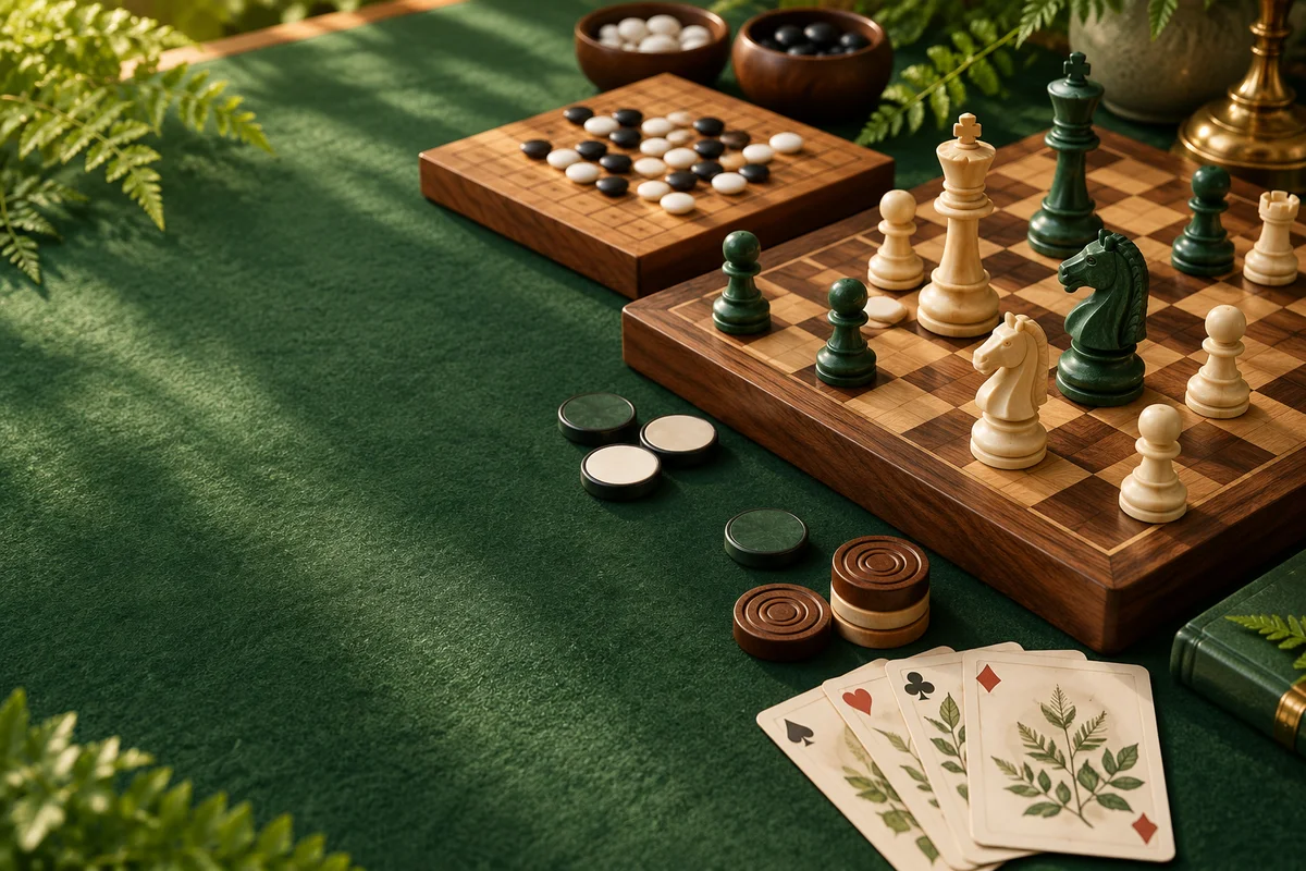 Wooden chess and Go boards, Reversi discs and playing cards on a sunlit green table
